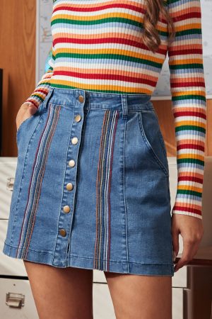 A Spring Fling Button Down A-Line Jean Skirt